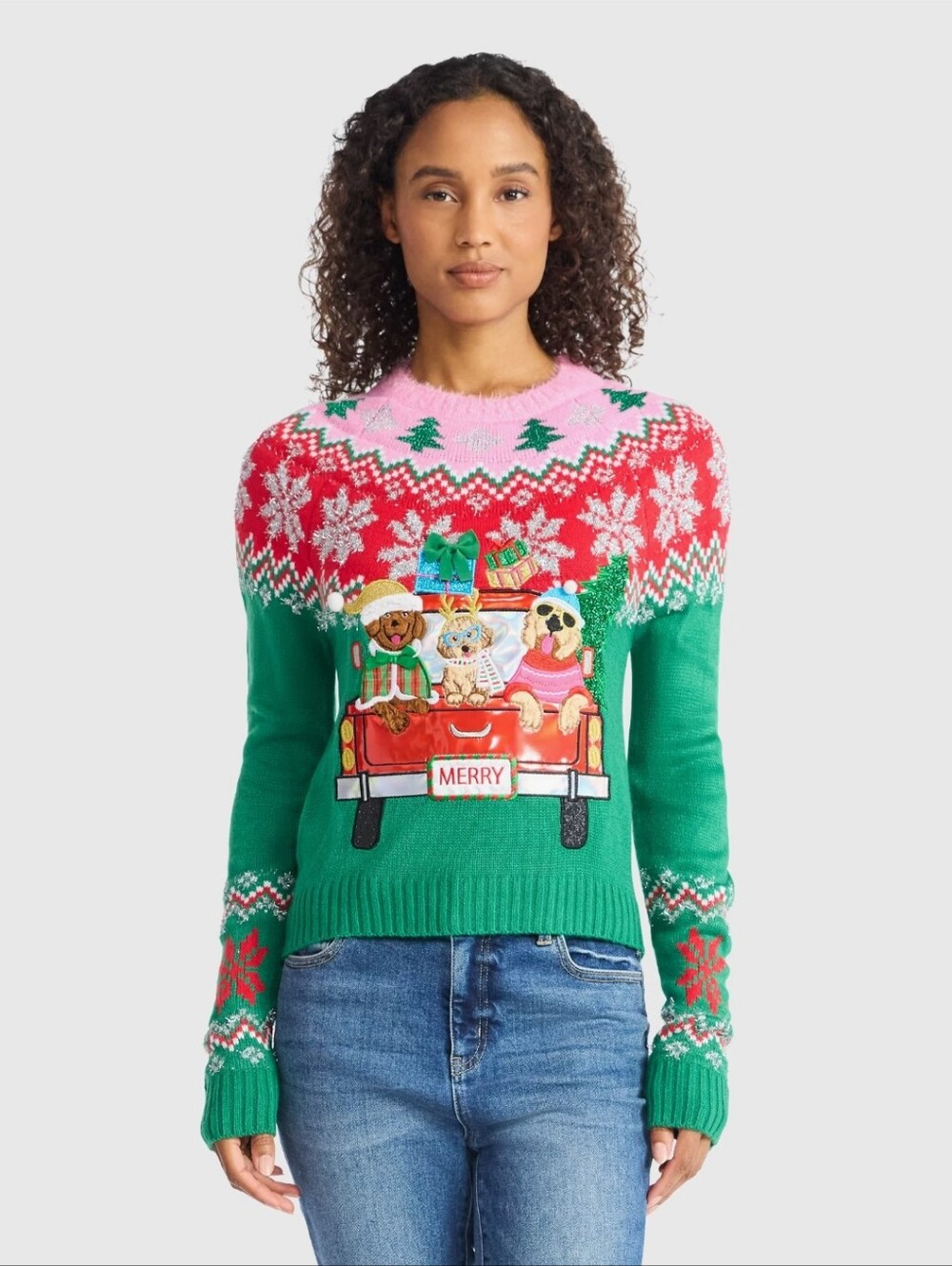 Holiday Time Women’s Embellished Ugly Christmas Sweater Dogs in Truck – Size XL